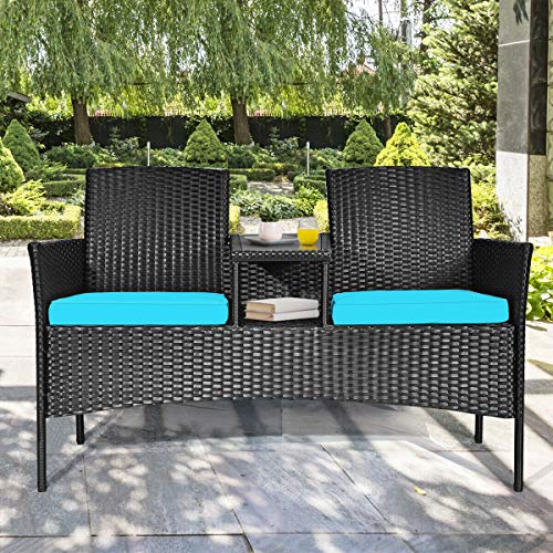 RELAX4LIFE Conversation Furniture Set with Table and Two Removable Cushions Rattan Wicker Chairs and Table Set for Patio,Garden, Baloney and Lawn Outdoor Porch Furniture Sets Loveseat (Black+Blue)