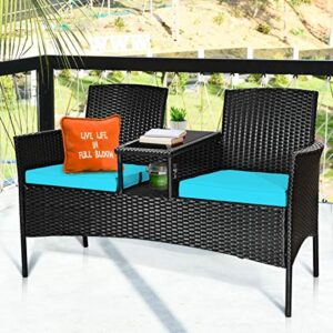 RELAX4LIFE Conversation Furniture Set with Table and Two Removable Cushions Rattan Wicker Chairs and Table Set for Patio,Garden, Baloney and Lawn Outdoor Porch Furniture Sets Loveseat (Black+Blue)