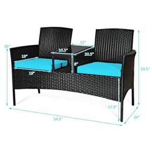 RELAX4LIFE Conversation Furniture Set with Table and Two Removable Cushions Rattan Wicker Chairs and Table Set for Patio,Garden, Baloney and Lawn Outdoor Porch Furniture Sets Loveseat (Black+Blue)