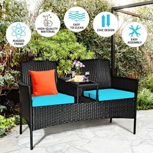 RELAX4LIFE Conversation Furniture Set with Table and Two Removable Cushions Rattan Wicker Chairs and Table Set for Patio,Garden, Baloney and Lawn Outdoor Porch Furniture Sets Loveseat (Black+Blue)