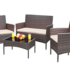 Greesum Patio Furniture 4 Pieces Conversation Sets Outdoor Wicker Rattan Chairs Garden Backyard Balcony Porch Poolside loveseat with Soft Cushion and Glass Table, Brown and Beige