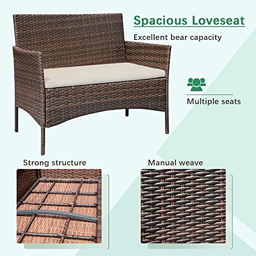 Greesum Patio Furniture 4 Pieces Conversation Sets Outdoor Wicker Rattan Chairs Garden Backyard Balcony Porch Poolside loveseat with Soft Cushion and Glass Table, Brown and Beige