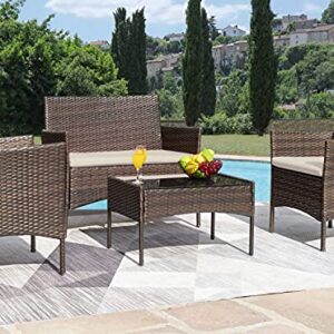 Greesum Patio Furniture 4 Pieces Conversation Sets Outdoor Wicker Rattan Chairs Garden Backyard Balcony Porch Poolside loveseat with Soft Cushion and Glass Table, Brown and Beige