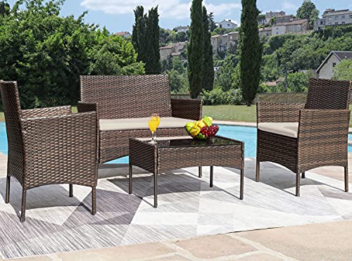 Greesum Patio Furniture 4 Pieces Conversation Sets Outdoor Wicker Rattan Chairs Garden Backyard Balcony Porch Poolside loveseat with Soft Cushion and Glass Table, Brown and Beige