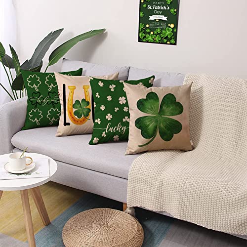 Fjfz St. Patrick's Day Luck Clover Decorative Throw Pillow Covers 20 x 20 Set of 4, Green Shamrock Horseshoe Holiday Porch Patio Home Decor, Irish Lucky in Love Gifts Outdoor Sofa Couch Cushion Case