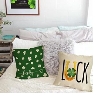 Fjfz St. Patrick's Day Luck Clover Decorative Throw Pillow Covers 20 x 20 Set of 4, Green Shamrock Horseshoe Holiday Porch Patio Home Decor, Irish Lucky in Love Gifts Outdoor Sofa Couch Cushion Case