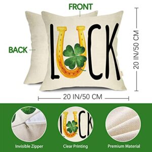 Fjfz St. Patrick's Day Luck Clover Decorative Throw Pillow Covers 20 x 20 Set of 4, Green Shamrock Horseshoe Holiday Porch Patio Home Decor, Irish Lucky in Love Gifts Outdoor Sofa Couch Cushion Case