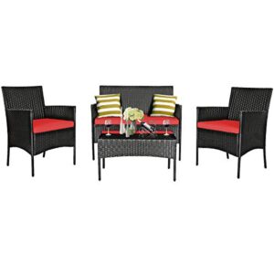 Tangkula 4 Piece Patio Furniture Set, Outdoor Wicker Conversation Set with Tempered Glass Coffee Table, Rattan Loveseat & Chairs Set with Seat Cushions for Backyard, Garden, Poolside (1, Red)