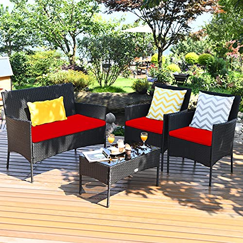 Tangkula 4 Piece Patio Furniture Set, Outdoor Wicker Conversation Set with Tempered Glass Coffee Table, Rattan Loveseat & Chairs Set with Seat Cushions for Backyard, Garden, Poolside (1, Red)