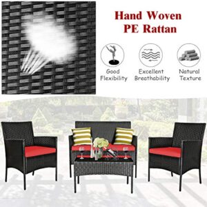 Tangkula 4 Piece Patio Furniture Set, Outdoor Wicker Conversation Set with Tempered Glass Coffee Table, Rattan Loveseat & Chairs Set with Seat Cushions for Backyard, Garden, Poolside (1, Red)