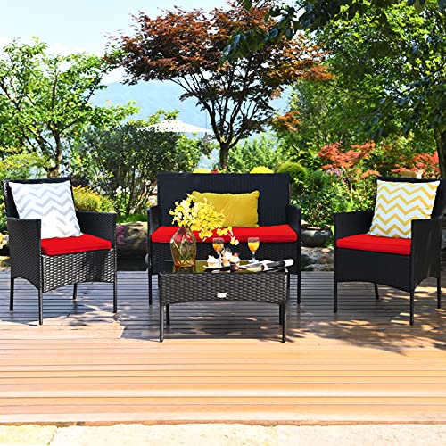 Tangkula 4 Piece Patio Furniture Set, Outdoor Wicker Conversation Set with Tempered Glass Coffee Table, Rattan Loveseat & Chairs Set with Seat Cushions for Backyard, Garden, Poolside (1, Red)