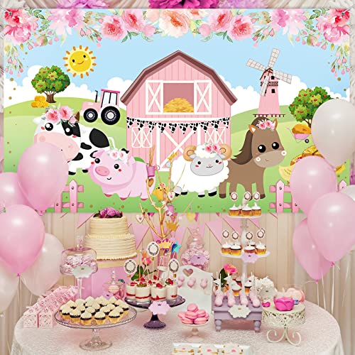 Farm Animals Theme Party Decorations, Pink Flowers Floral Barn Backdrop Banner for Grass Children Birthday Party Supplies, Farm Animals Scenic Background Photo Booth Banner, 72.8 x 43.3 Inch