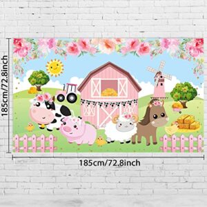 Farm Animals Theme Party Decorations, Pink Flowers Floral Barn Backdrop Banner for Grass Children Birthday Party Supplies, Farm Animals Scenic Background Photo Booth Banner, 72.8 x 43.3 Inch