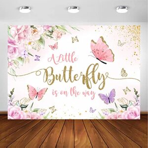 Avezano Butterfly Baby Shower Backdrop for Girl's A Little Butterfly is on The Way Princess Party Decorations Photography Background Pink and Purple Floral Gold Spots Flowers Photo Backdrops (7x5ft)