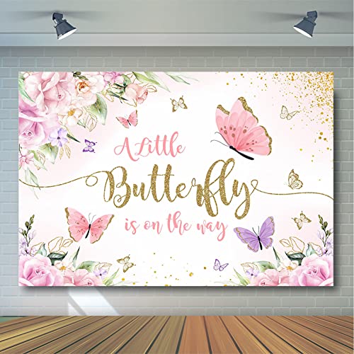 Avezano Butterfly Baby Shower Backdrop for Girl's A Little Butterfly is on The Way Princess Party Decorations Photography Background Pink and Purple Floral Gold Spots Flowers Photo Backdrops (7x5ft)