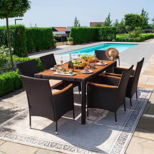 Devoko Outdoor Patio Dining Sets 7 Pieces Rattan Patio Conversation Set with Acacia Wood Table Top and Widened Armrests, Wicker Outdoor Dining Table and Chairs Set for Backyard, Garden, Deck