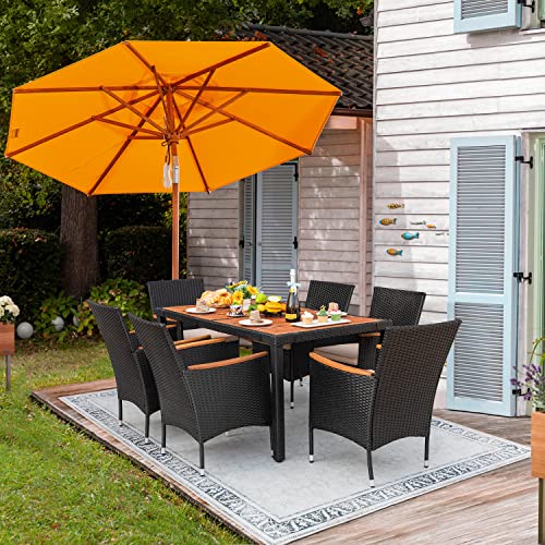 Devoko Outdoor Patio Dining Sets 7 Pieces Rattan Patio Conversation Set with Acacia Wood Table Top and Widened Armrests, Wicker Outdoor Dining Table and Chairs Set for Backyard, Garden, Deck