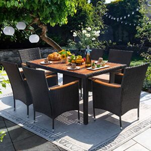 Devoko Outdoor Patio Dining Sets 7 Pieces Rattan Patio Conversation Set with Acacia Wood Table Top and Widened Armrests, Wicker Outdoor Dining Table and Chairs Set for Backyard, Garden, Deck