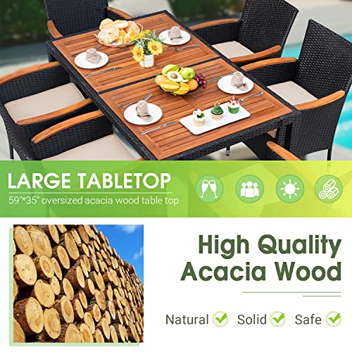 Devoko Outdoor Patio Dining Sets 7 Pieces Rattan Patio Conversation Set with Acacia Wood Table Top and Widened Armrests, Wicker Outdoor Dining Table and Chairs Set for Backyard, Garden, Deck