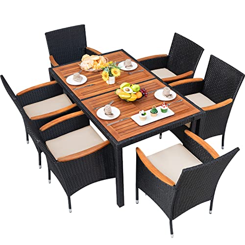 Devoko Outdoor Patio Dining Sets 7 Pieces Rattan Patio Conversation Set with Acacia Wood Table Top and Widened Armrests, Wicker Outdoor Dining Table and Chairs Set for Backyard, Garden, Deck