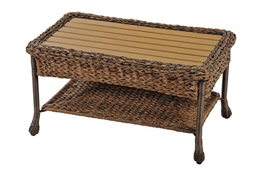 W Unlimited Rustic Collection Outdoor Garden Patio Light Brown Wicker Coffee Table Wood Table Top Aluminum Frame