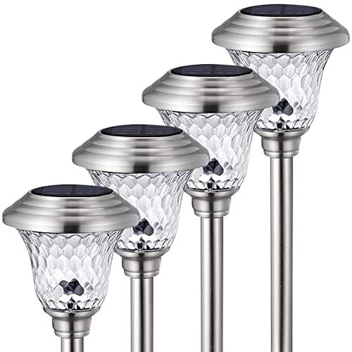 BEAU JARDIN 4 Pack Solar Lights Pathway Outdoor Waterproof Supper Bright Up to 12 Hrs Glass Stainless Steel Metal Auto On/Off Solar Powered Landscape LED Lighting for Garden Yard Walkway Stakes BG136