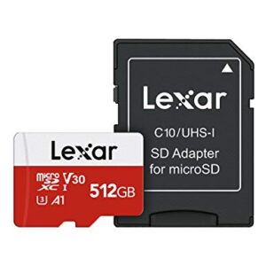 Lexar 512GB Micro SD Card, microSDXC UHS-I Flash Memory Card with Adapter - Up to 100MB/s, A1, U3, Class10, V30, High Speed TF Card