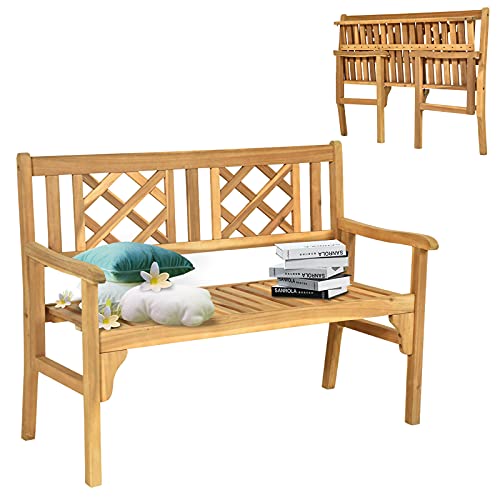 Tangkula Folding Wood Garden Bench, 2 Person Foldable Acacia Patio Bench with Heavy Duty Structure, Locks, Wide Curved Armrest and Backrest,for Yard, Deck, Balcony, Park (Teak)