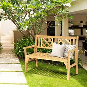 Tangkula Folding Wood Garden Bench, 2 Person Foldable Acacia Patio Bench with Heavy Duty Structure, Locks, Wide Curved Armrest and Backrest,for Yard, Deck, Balcony, Park (Teak)