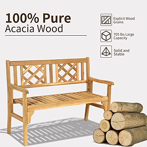 Tangkula Folding Wood Garden Bench, 2 Person Foldable Acacia Patio Bench with Heavy Duty Structure, Locks, Wide Curved Armrest and Backrest,for Yard, Deck, Balcony, Park (Teak)