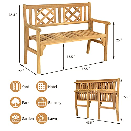 Tangkula Folding Wood Garden Bench, 2 Person Foldable Acacia Patio Bench with Heavy Duty Structure, Locks, Wide Curved Armrest and Backrest,for Yard, Deck, Balcony, Park (Teak)