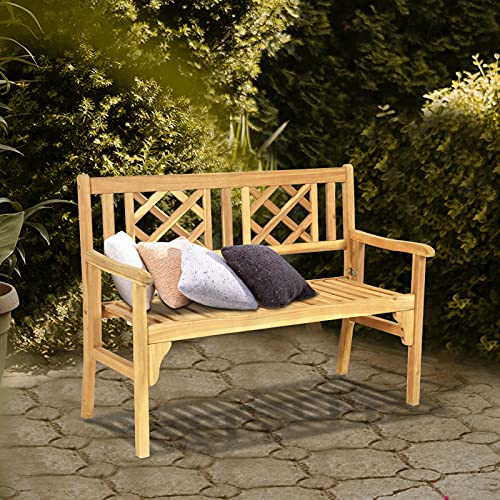 Tangkula Folding Wood Garden Bench, 2 Person Foldable Acacia Patio Bench with Heavy Duty Structure, Locks, Wide Curved Armrest and Backrest,for Yard, Deck, Balcony, Park (Teak)