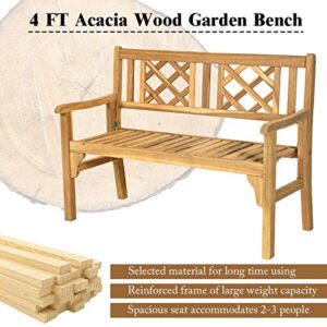 LDAILY Moccha 4 Ft Outdoor Patio Foldable Bench, Two Person Solid Wood, Acacia Wood Bench, Garden Bench with Curved Backrest and Armrest, Outdoor Park Bench Ideal for Balcony, Porch