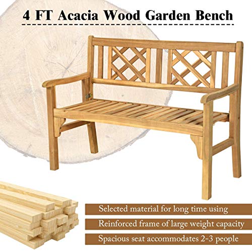 LDAILY Moccha 4 Ft Outdoor Patio Foldable Bench, Two Person Solid Wood, Acacia Wood Bench, Garden Bench with Curved Backrest and Armrest, Outdoor Park Bench Ideal for Balcony, Porch