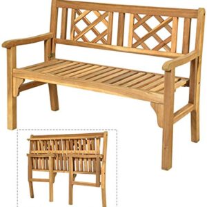 LDAILY Moccha 4 Ft Outdoor Patio Foldable Bench, Two Person Solid Wood, Acacia Wood Bench, Garden Bench with Curved Backrest and Armrest, Outdoor Park Bench Ideal for Balcony, Porch