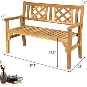 LDAILY Moccha 4 Ft Outdoor Patio Foldable Bench, Two Person Solid Wood, Acacia Wood Bench, Garden Bench with Curved Backrest and Armrest, Outdoor Park Bench Ideal for Balcony, Porch