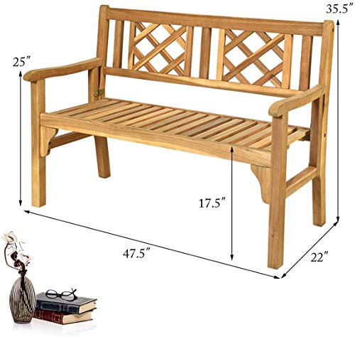 LDAILY Moccha 4 Ft Outdoor Patio Foldable Bench, Two Person Solid Wood, Acacia Wood Bench, Garden Bench with Curved Backrest and Armrest, Outdoor Park Bench Ideal for Balcony, Porch