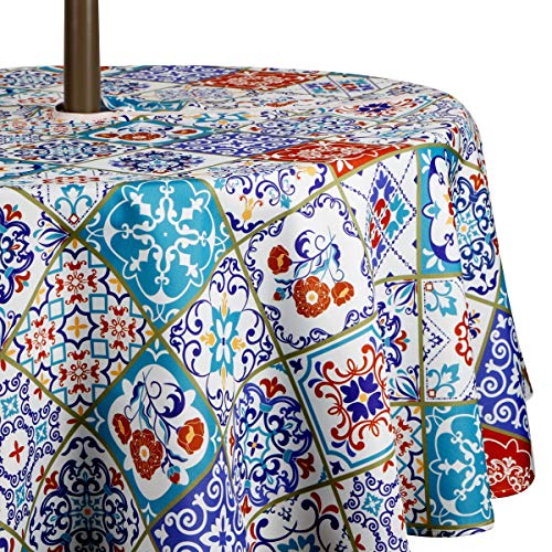 EHouseHome Outdoor and Indoor 60inch Round Tablecloth with Umbrella Hole and Zipper, Waterproof Zippered Patio Table Cloths, Spring/Summer Table Covers for Backyard Circular Table/BBQs/Picnic