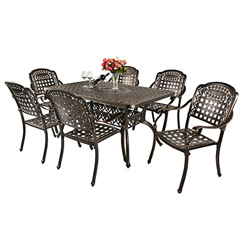 TITIMO 7-Piece Outdoor Furniture Dining Set, All-Weather Cast Aluminum Conversation Set Includes 6 Chairs and 1 Rectangular Table with Umbrella Hole for Patio Garden Deck (Without Cushions)