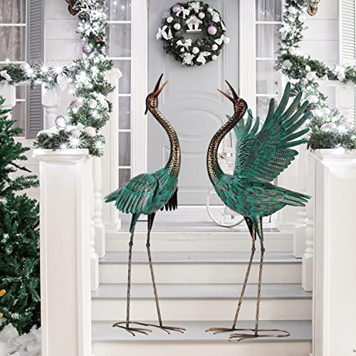 chisheen Crane Garden Statues Outdoor Metal Heron Yard Art Crane for Garden Sculptures Patio Lawn Ornaments,Set of 2