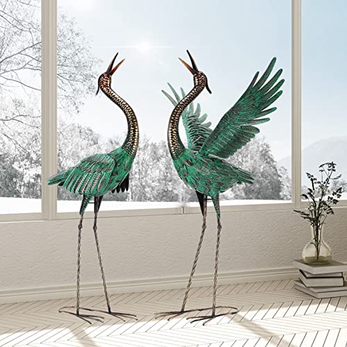 chisheen Crane Garden Statues Outdoor Metal Heron Yard Art Crane for Garden Sculptures Patio Lawn Ornaments,Set of 2