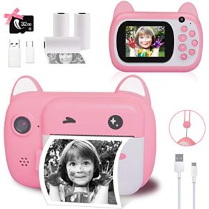 instant print camera for kids, upgrade selfie kids camera, digital zero ink video camera with 3 rolls print paper camera, 1000 mah, dual lens,1080p hd video recorder for girls and boys gifts (pink)
