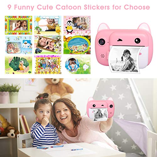 Instant Print Camera for Kids, Upgrade Selfie Kids Camera, Digital Zero Ink Video Camera with 3 Rolls Print Paper Camera, 1000 mAh, Dual Lens,1080P HD Video Recorder for Girls and Boys Gifts (Pink)