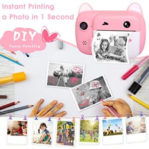 Instant Print Camera for Kids, Upgrade Selfie Kids Camera, Digital Zero Ink Video Camera with 3 Rolls Print Paper Camera, 1000 mAh, Dual Lens,1080P HD Video Recorder for Girls and Boys Gifts (Pink)