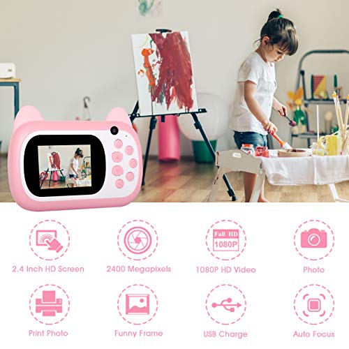 Instant Print Camera for Kids, Upgrade Selfie Kids Camera, Digital Zero Ink Video Camera with 3 Rolls Print Paper Camera, 1000 mAh, Dual Lens,1080P HD Video Recorder for Girls and Boys Gifts (Pink)