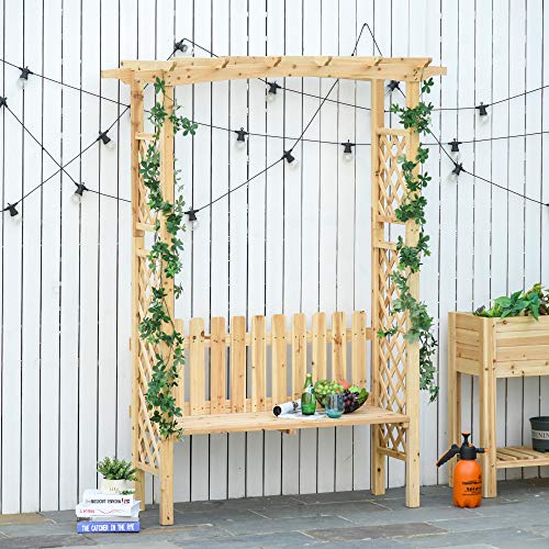 Outsunny Outdoor Garden Bench Arch Pergola with Natural Fir Wood Build, Protective Varnish, & 2 Person Ergonomic Bench