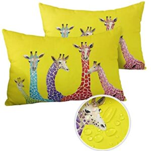 Animal Giraffe Abstract Painting Outdoor Pillow Cover 12x20 Inch Cushion Sham Case, Yellow Backdrop Waterproof Decorative Lumbar Throw Pillowcase for Outside Garden Patio Porch Couch Chair Tent