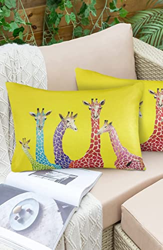 Animal Giraffe Abstract Painting Outdoor Pillow Cover 12x20 Inch Cushion Sham Case, Yellow Backdrop Waterproof Decorative Lumbar Throw Pillowcase for Outside Garden Patio Porch Couch Chair Tent