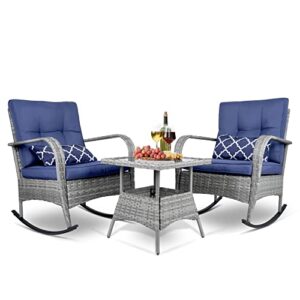 ibition 3-piece outdoor rocking chairs set of 2， wicker patio furniture modern rattan chair conversation with cushions & glass table for garden,backyard, bistro(navy blue)