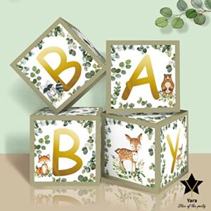 yara woodland baby shower decorations boxes for boy girl, sage green party decor letters, boho baby blocks decoration backdrop, neutral gender & reveal box centerpieces, forest animals greenery theme